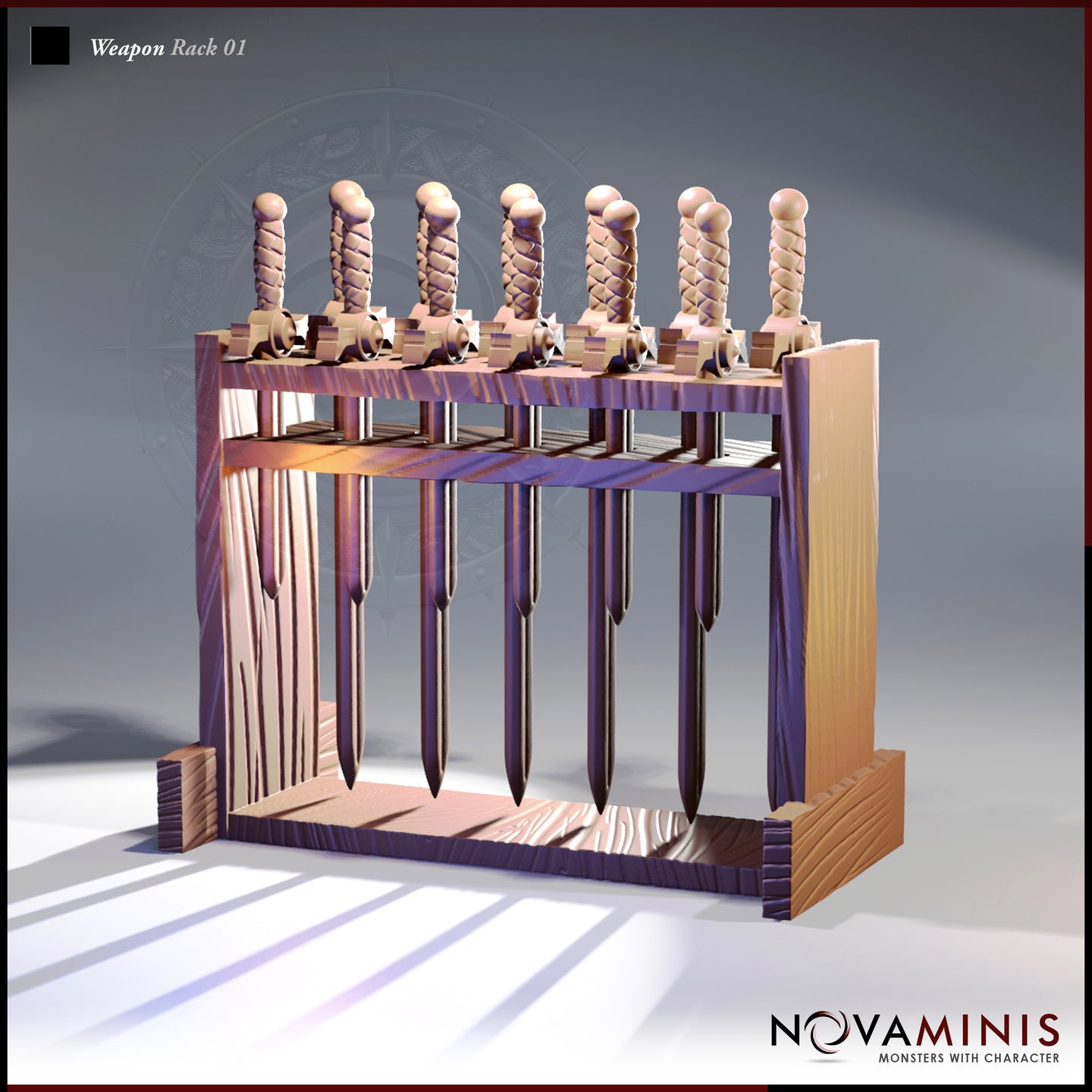 Digital render of a wooden weapon rack scatter terrain piece holding seven shortswords blade-down, with twisted-grip pommels visible above the top rail — front three-quarter view showing wood grain detailing across the open frame structure