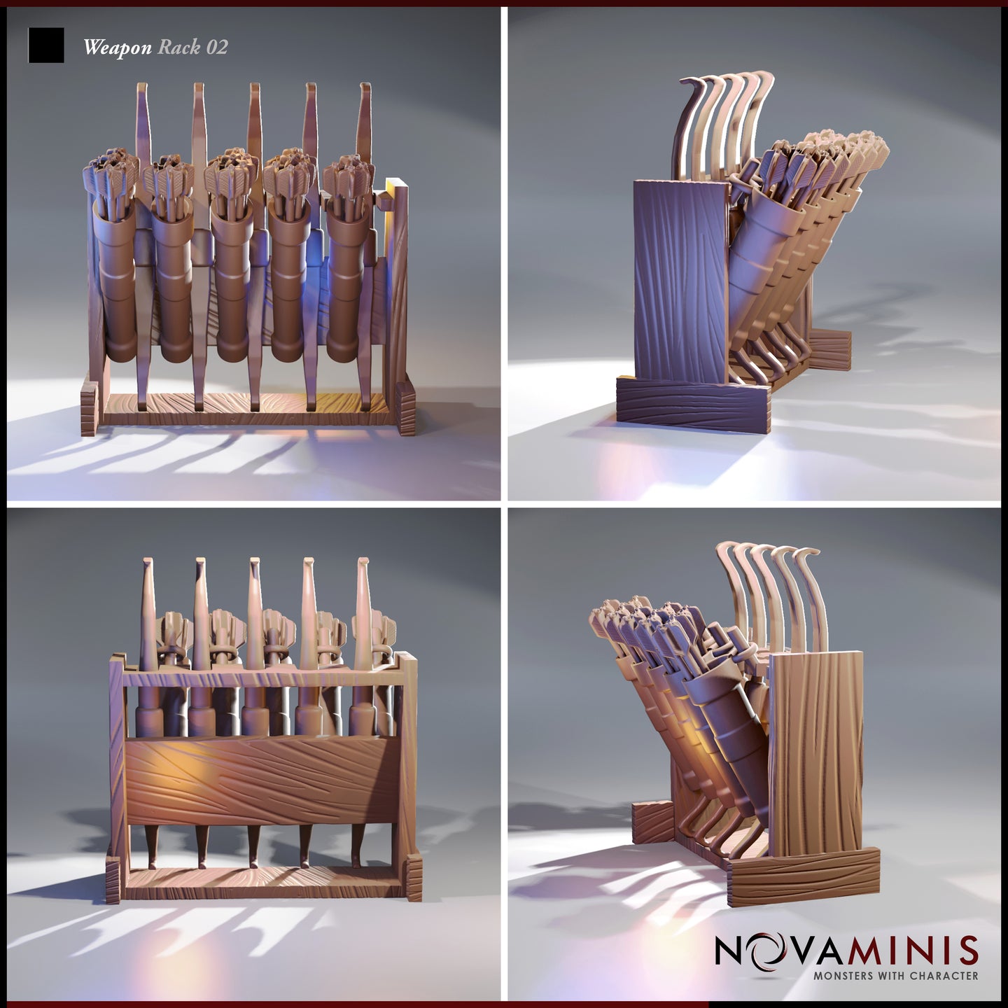 Four-angle digital render sheet of Novaminis Weapon Rack 02 showing the front, rear, side and three-quarter views of the wooden weapon rack, revealing the full frame construction, curved iron hooks, bundled weapon quivers, and detailed wood grain texture across the base and uprights
