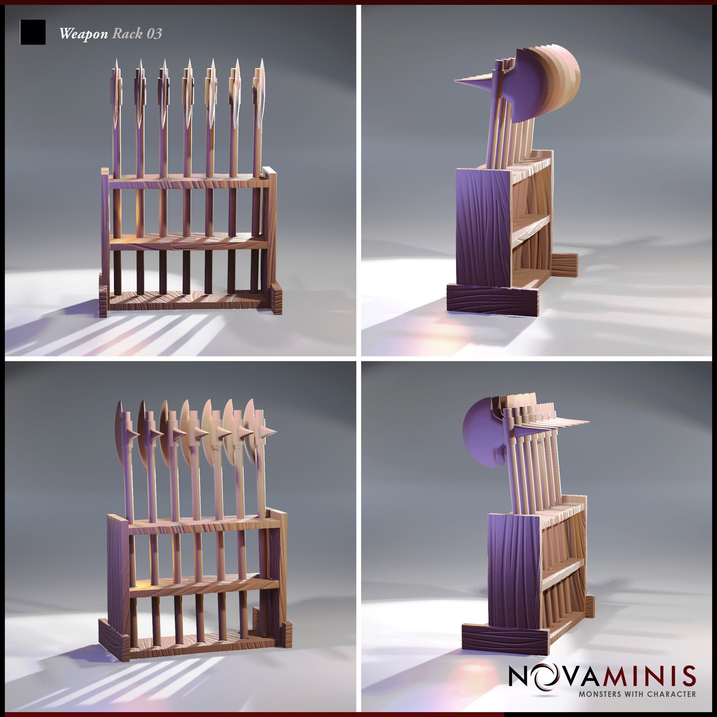Four-angle digital render of Weapon Rack 03 by Novaminis showing spear and polearm configuration (top left), side profile with axe loadout (top right), halberd and axe front view (bottom left), and rear three-quarter angle (bottom right) — unpainted resin scatter terrain at 32mm scale