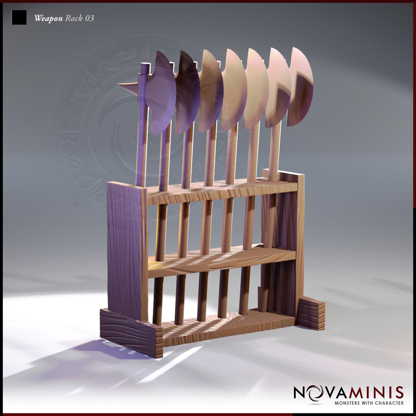 Digital render of Weapon Rack 03 by Novaminis — a freestanding wooden scatter terrain rack holding a row of broad-bladed axes and halberds at 32mm scale, shown from a three-quarter front angle with visible wood-grain texture and double-shelf frame