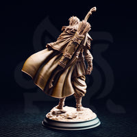 Rear view of the Sactarin Sun Elf Tracker miniature showing the full sweep of the wind-blown cape, quiver of arrows, back armour detailing, and the sculpted rocky base — unpainted resin, DM Stash sculpt.