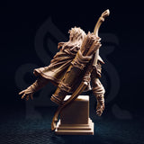 Rear three-quarter view of the Sactarin Sun Elf Tracker bust, showing the feather-fletched quiver, flowing hair, detailed cloak draping, and layered armour across the back, mounted on a stepped stone base