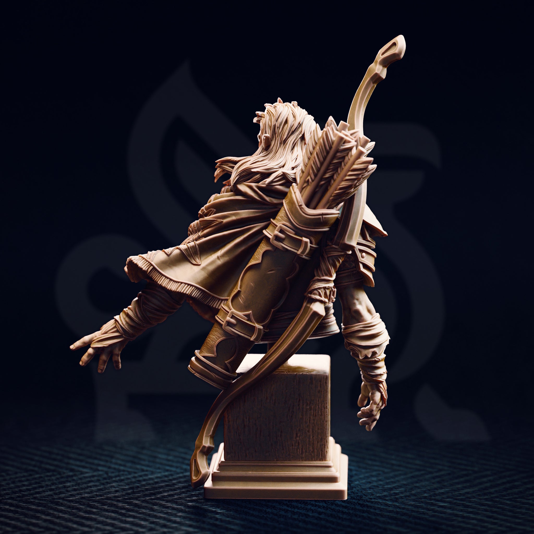 Rear three-quarter view of the Sactarin Sun Elf Tracker bust, showing the feather-fletched quiver, flowing hair, detailed cloak draping, and layered armour across the back, mounted on a stepped stone base