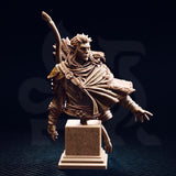 Front three-quarter view of the Sactarin Sun Elf Tracker bust with sharper lighting, highlighting the sculpted chest harness, buckled straps, sun-motif detail, and the elf's alert, composed expression