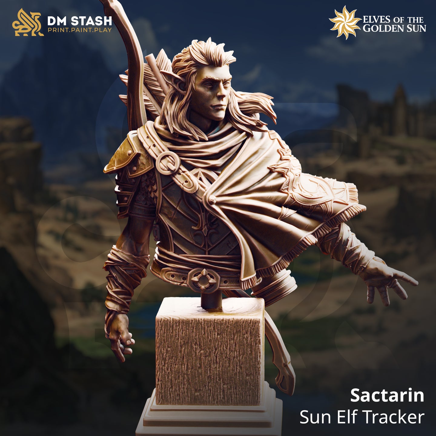 Front-facing render of Sactarin the Sun Elf Tracker bust from DM Stash, showing his longbow over one shoulder, extended arm, layered cloak, engraved pauldrons, and sun-motif belt buckle, mounted on a textured stone plinth