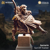 Front-facing render of Sactarin the Sun Elf Tracker bust from DM Stash, showing his longbow over one shoulder, extended arm, layered cloak, engraved pauldrons, and sun-motif belt buckle, mounted on a textured stone plinth