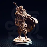 Front-facing studio photograph of the unpainted Sactarin Sun Elf Tracker miniature at 32mm scale, showing detailed fabric draping, feather-adorned hair, elven armour detailing, and the carved longbow slung over his shoulder.