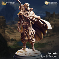 Front three-quarter render of Sactarin the Sun Elf Tracker miniature — an unpainted resin figure in flowing traveller's attire with ornate pauldrons, a recurve longbow across his back, and a billowing cape, standing on a rocky terrain base. DM Stash Elves of the Golden Sun range.