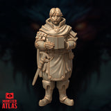 Front-facing render of the Saeth Cromley retired veteran miniature — a heavyset middle-aged man in layered travelling robes and padded armour, holding an open journal in both hands, with a sheathed sword at his belt and a heavy cowl around his shoulders