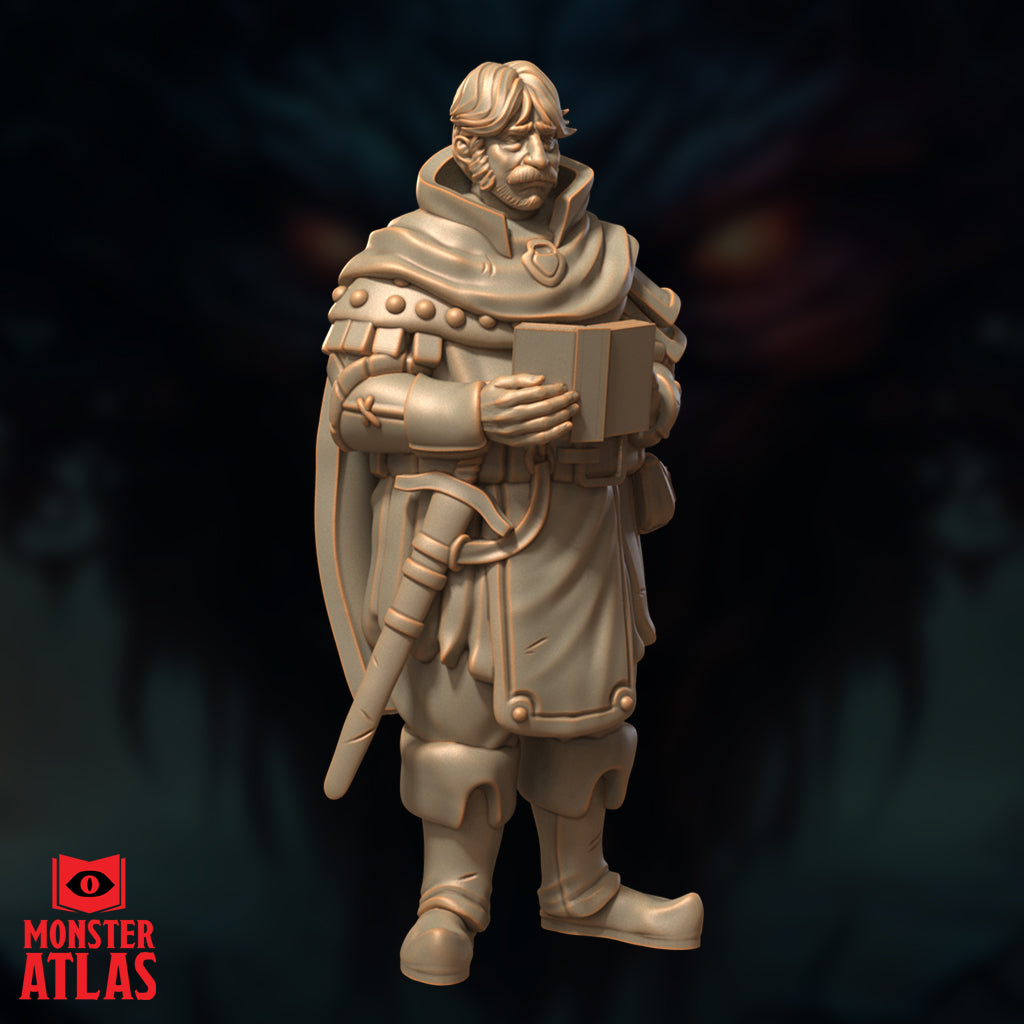 Three-quarter angle render of the Saeth Cromley miniature showing the heavy cowl, shoulder armour detail, open journal held in both hands, and sheathed sword visible at the hip