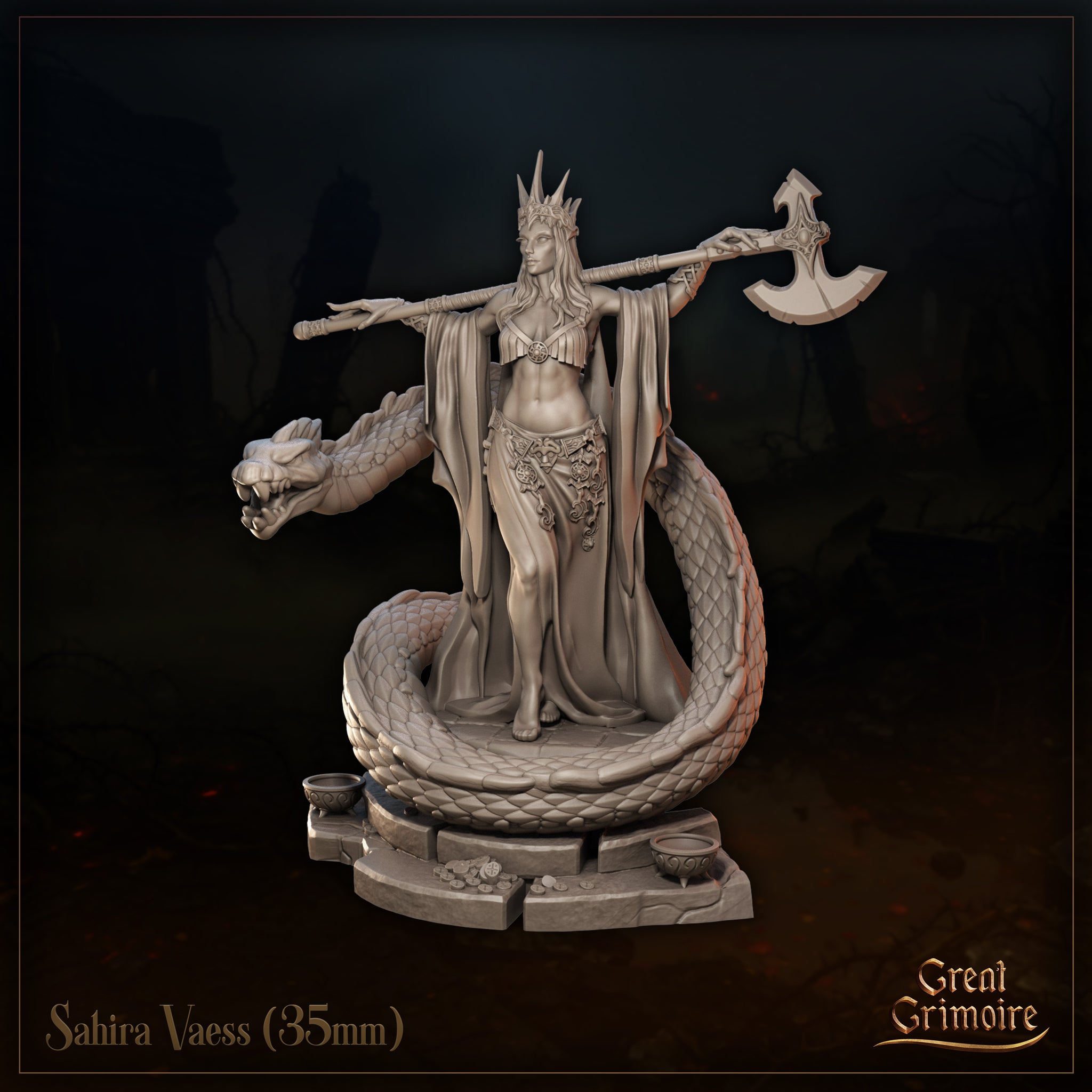 Front view of Sahira Vaess 35mm resin miniature by Great Grimoire — an unpainted grey resin sculpt of a crowned female warrior standing atop a coiled draconic serpent, great axe resting across her shoulders, wearing ornate hip armour and flowing robes, on a scenic stone base with coins and ritual bowls