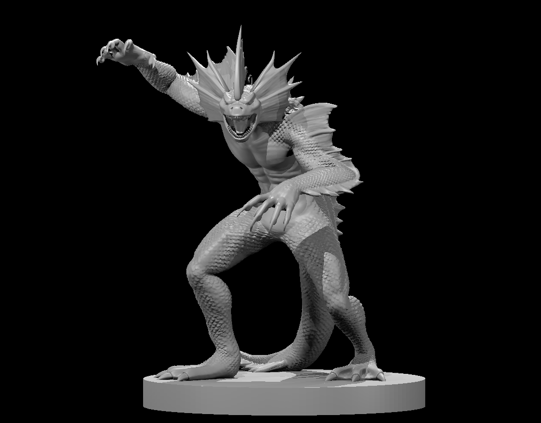 Sahuagin Warrior sculpt by MZ4250 — scaled humanoid creature in a wide lunging stance, one clawed arm raised with prey pinched in its fingers, the other hand raking downward. Cranial and dorsal spines fanned out, jaws open wide in a snarl.
