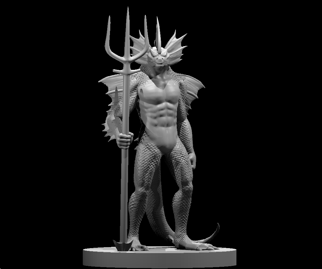 Sahuagin warrior standing upright holding a tall trident, covered in overlapping scales with bat-like shoulder wings, cranial spines, and a barbed tail. Sculpt by MZ4250.