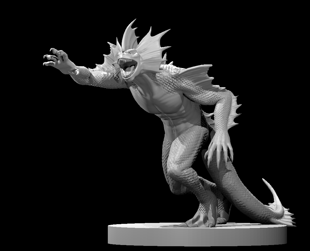 Sahuagin warrior miniature lunging forward in a low crouch, one clawed arm outstretched, jaws open wide, dorsal fin fanned, scaled legs and webbed feet. Sculpt by MZ4250.