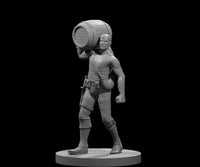 Grey resin 3D printed miniature of a male sailor deckhand at 32mm scale, striding forward with a large wooden barrel hoisted over his left shoulder, right fist clenched at his side, wearing practical clothing with leg wrappings, a headband, and a short blade at his hip