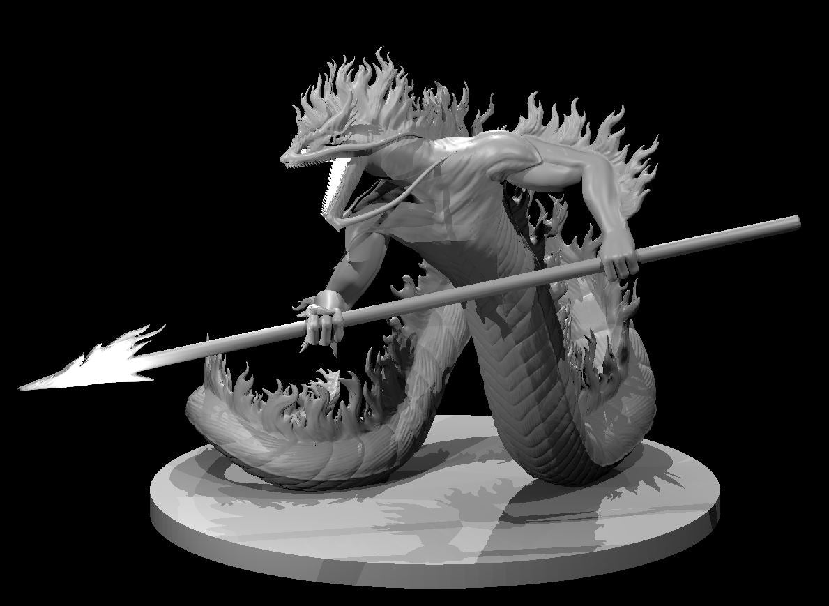 Salamander miniature by MZ4250 — serpentine lower body coiled on a flame-scattered base, muscular upper torso leaning forward gripping a longspear with both clawed hands, lizard-like head open-jawed with trailing tendrils, fire erupting from mane and shoulders throughout the sculpt.