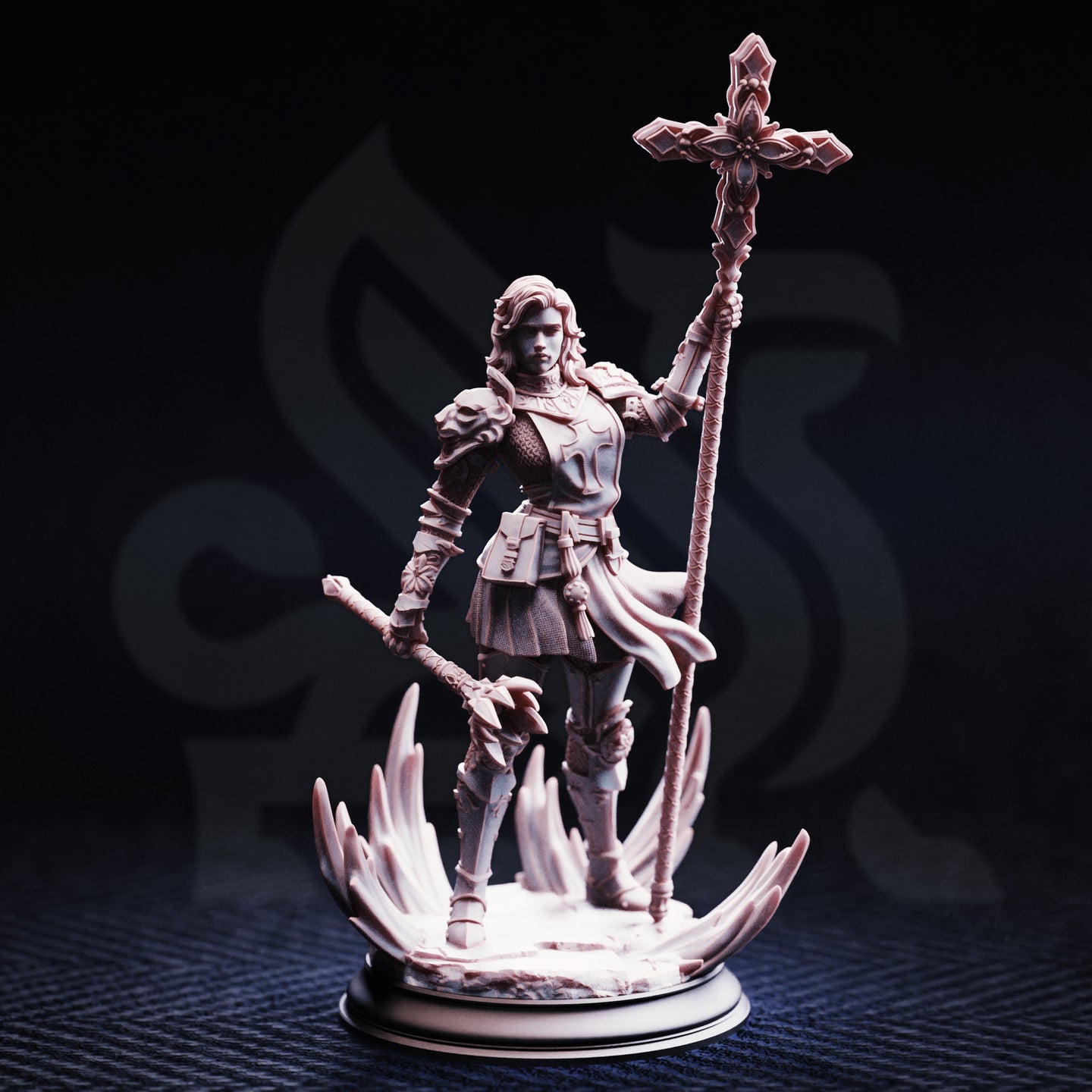 Unpainted grey resin miniature of Sara Rosewood, Cleric of Cedhelieth, front view — armoured female cleric standing on a crystal eruption base, raising an ornate cross-topped holy staff in her right hand and holding a shorter weapon in her left, wearing layered plate and chainmail armour with a billowing cloak