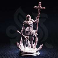 Unpainted grey resin miniature of Sara Rosewood front view close-up — detailed pauldrons, articulated gauntlets, floral tracery on the holy staff, and layered belt pouches visible across her armour