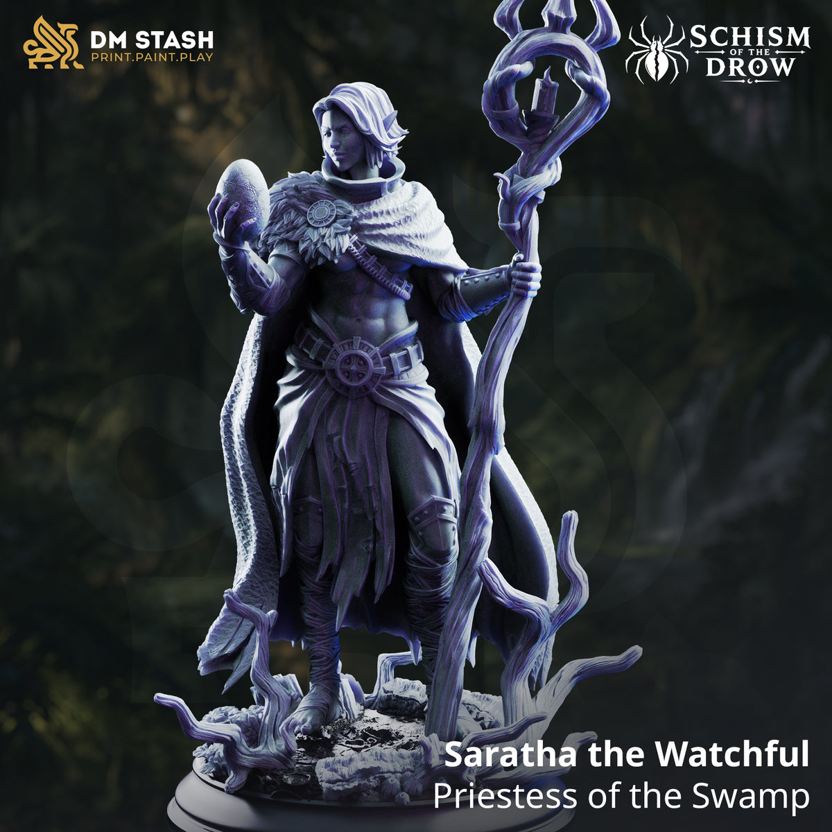 Saratha the Watchful by DM Stash — rear view showing the broad sweep of a heavily textured fabric cloak with fur collar detail, staff with trident finial raised behind, and a detailed root-covered scenic base beneath.