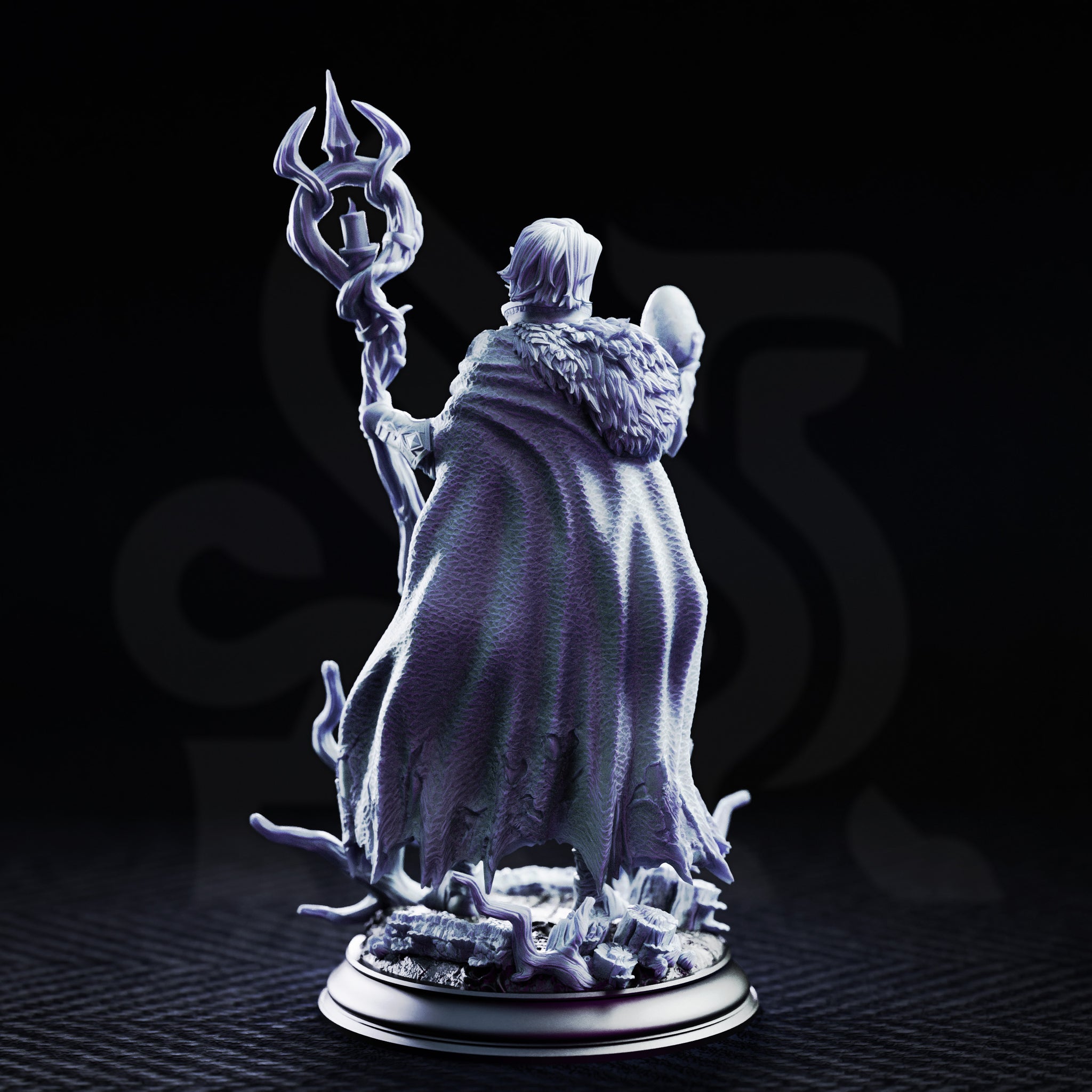 Saratha the Watchful by DM Stash — full figure shown holding an ornate branching staff aloft in one hand and a smooth orb in the other, fur-edged cloak falling open, base of gnarled roots and scattered debris visible beneath her feet.