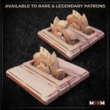 Digital render of two saw trap terrain pieces by M3DM — one with blades fully extended in a circular fan formation, one with blades partially raised, both mounted on detailed wood-plank pressure plate bases