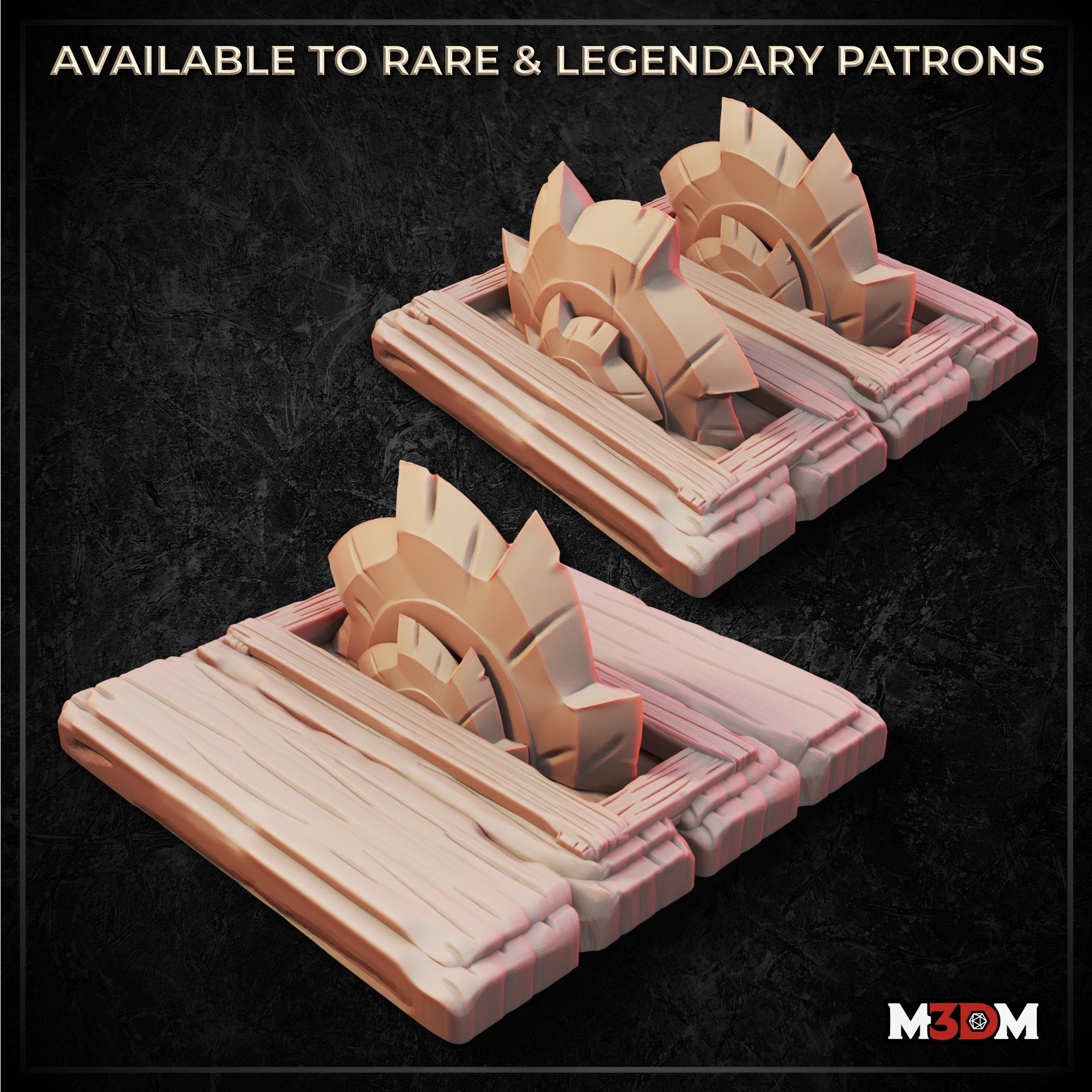Digital render of two saw trap terrain pieces by M3DM — one with blades fully extended in a circular fan formation, one with blades partially raised, both mounted on detailed wood-plank pressure plate bases