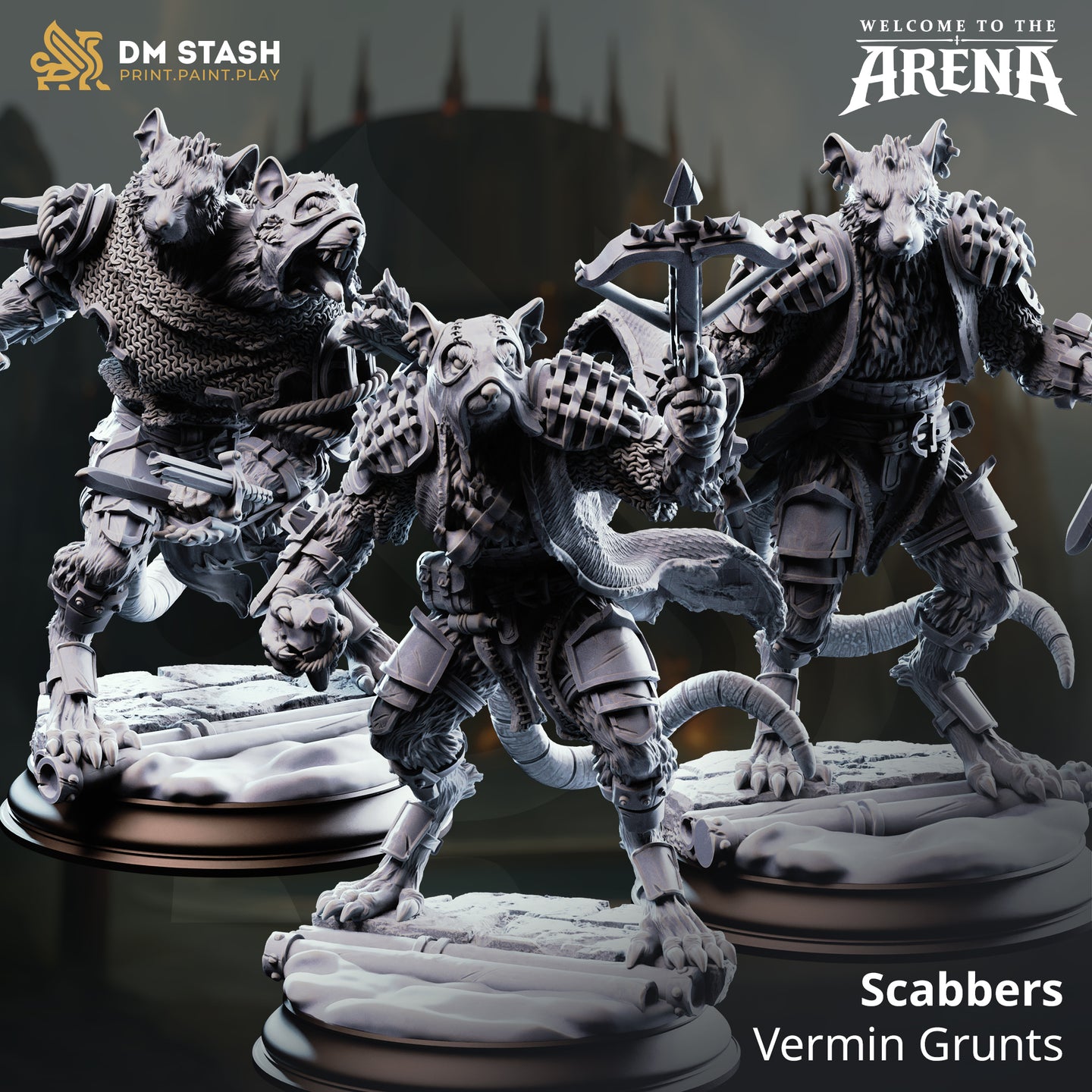 Digital render of three Scabbers Vermin Grunt ratfolk miniatures from DM Stash's Welcome to the Arena collection — left figure is a chainmail-clad brute with open jaws and raised claws, centre is a lightly armoured skirmisher in a crouched stance, right is a stocky crossbow-wielding fighter in chainmail shoulder armour, all on rubble bases
