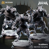 Digital render of three Scabbers Vermin Grunt ratfolk miniatures from DM Stash's Welcome to the Arena collection — left figure is a chainmail-clad brute with open jaws and raised claws, centre is a lightly armoured skirmisher in a crouched stance, right is a stocky crossbow-wielding fighter in chainmail shoulder armour, all on rubble bases