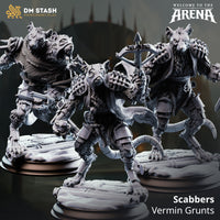 Digital render of three Scabbers Vermin Grunt ratfolk miniatures from DM Stash's Welcome to the Arena collection — left figure is a chainmail-clad brute with open jaws and raised claws, centre is a lightly armoured skirmisher in a crouched stance, right is a stocky crossbow-wielding fighter in chainmail shoulder armour, all on rubble bases