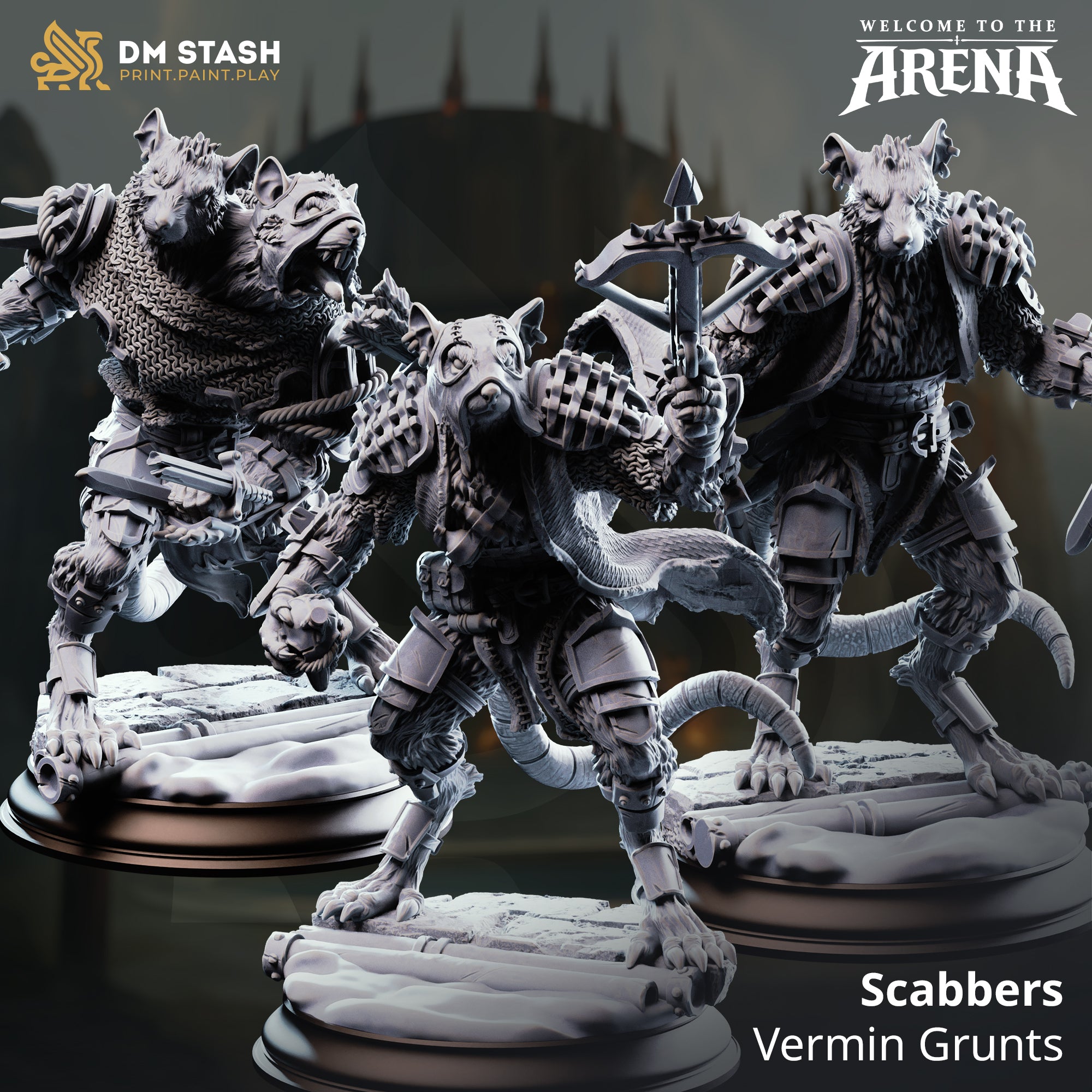 Digital render of three Scabbers Vermin Grunt ratfolk miniatures from DM Stash's Welcome to the Arena collection — left figure is a chainmail-clad brute with open jaws and raised claws, centre is a lightly armoured skirmisher in a crouched stance, right is a stocky crossbow-wielding fighter in chainmail shoulder armour, all on rubble bases