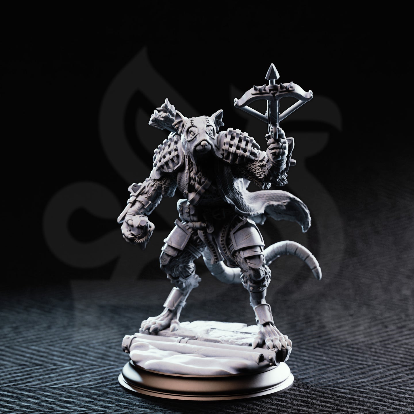 Unpainted grey resin miniature of a ratfolk warrior in patchwork armour, raising a crossbow in one claw and extending the other hand in a warning pose, standing on a rubble and snow-dusted scenic base — Vermin Grunt 01 (Scabbers) by DM Stash, 32mm scale