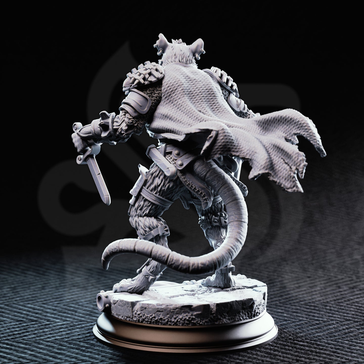 Rear view of the same unpainted grey resin Vermin Grunt 02 miniature, showing the detailed woven texture of his billowing cloak, a long whip-like tail curling out behind him, segmented shoulder armour, strapped belt pouches, and the cracked rubble base beneath his clawed feet