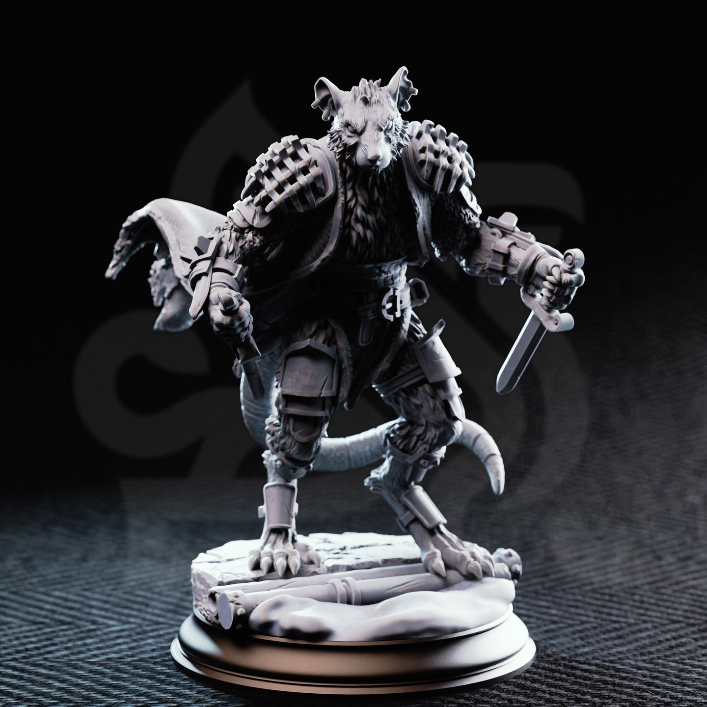 Front view of an unpainted grey resin 32mm miniature of Scabbers the Vermin Grunt — a bipedal ratfolk warrior in segmented patchwork armour, holding a mechanical brace-blade in his right hand and a dagger in his left, wearing a tattered flowing cloak, with taloned feet planted on a cracked snow-dusted stone base