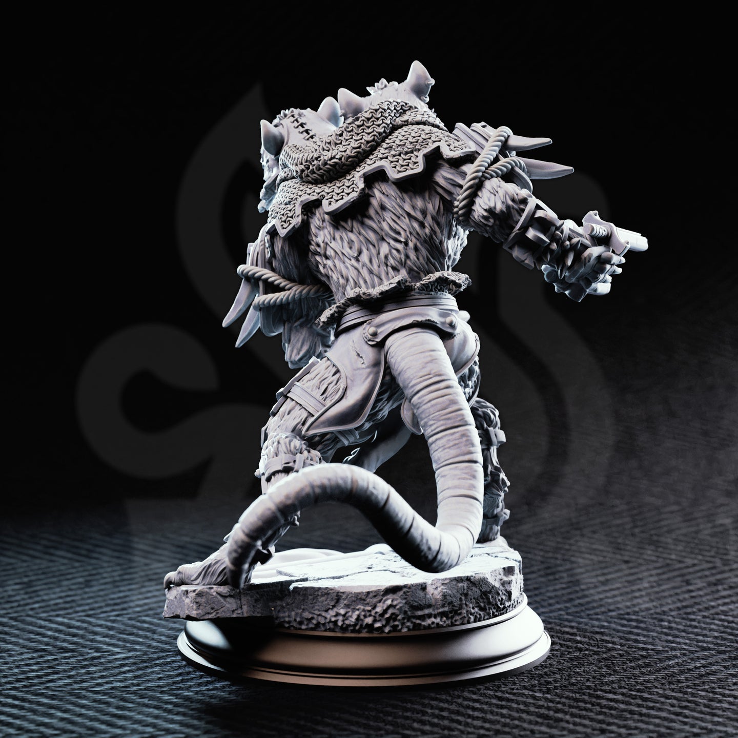 Rear three-quarter view of the same unpainted grey resin Vermin Grunt 03 Scabbers miniature, showing the detailed chainmail cape across the back, bound rope and lashed blades across the shoulders, textured rat fur, leather leg armour with buckle detailing, and a long curved rat tail sweeping down to the rubble base