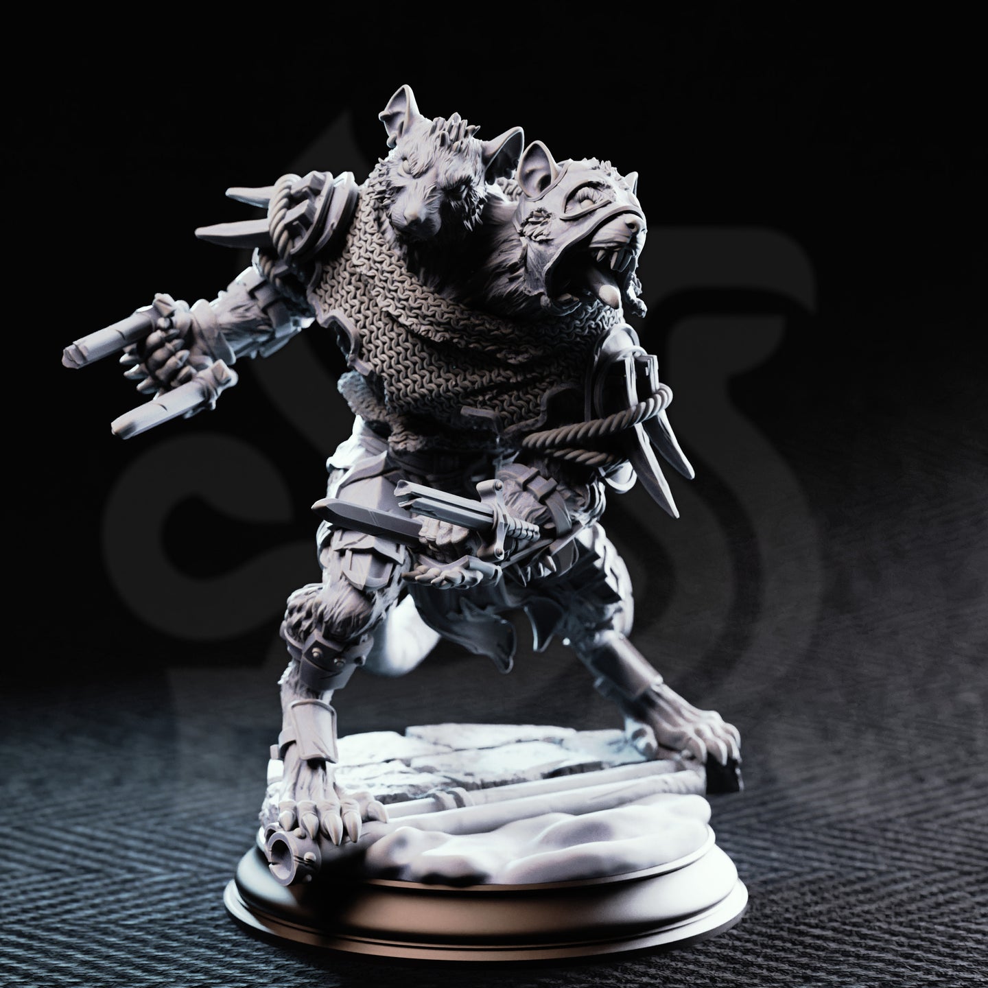 Front view of an unpainted grey resin 32mm miniature of an armoured ratfolk warrior — Vermin Grunt 03 Scabbers by DM Stash — posed mid-charge with a crossbow extended in one hand and a dagger in the other, wearing chainmail and leather armour with bone spikes and rope-lashed blades, jaws open in a snarl, on a rubble-scatter base
