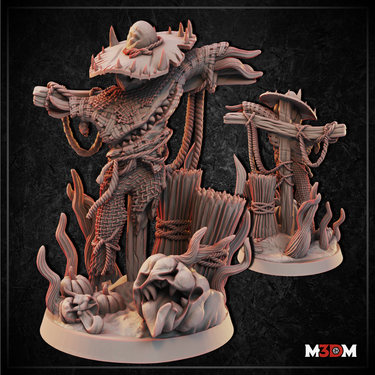 Scarecrow Mimic by Mia Kay M3DM — hollow skull face beneath a wide-brimmed hat, straw-like tendrils, broken timber posts, and wild stalks on a detailed scenic base.