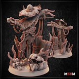 Scarecrow Mimic by Mia Kay M3DM — hollow skull face beneath a wide-brimmed hat, straw-like tendrils, broken timber posts, and wild stalks on a detailed scenic base.