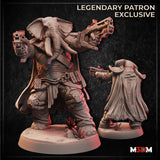 Digital render of a sci-fi elephantfolk miniature dual-wielding futuristic pistols — a large tusked figure in a tactical duster coat with ammunition pouches and utility belts, shown alongside a rear-view smaller scale reference, on a scenic desert base with rocky scrub. Marked as a Legendary Patron Exclusive by M3DM.