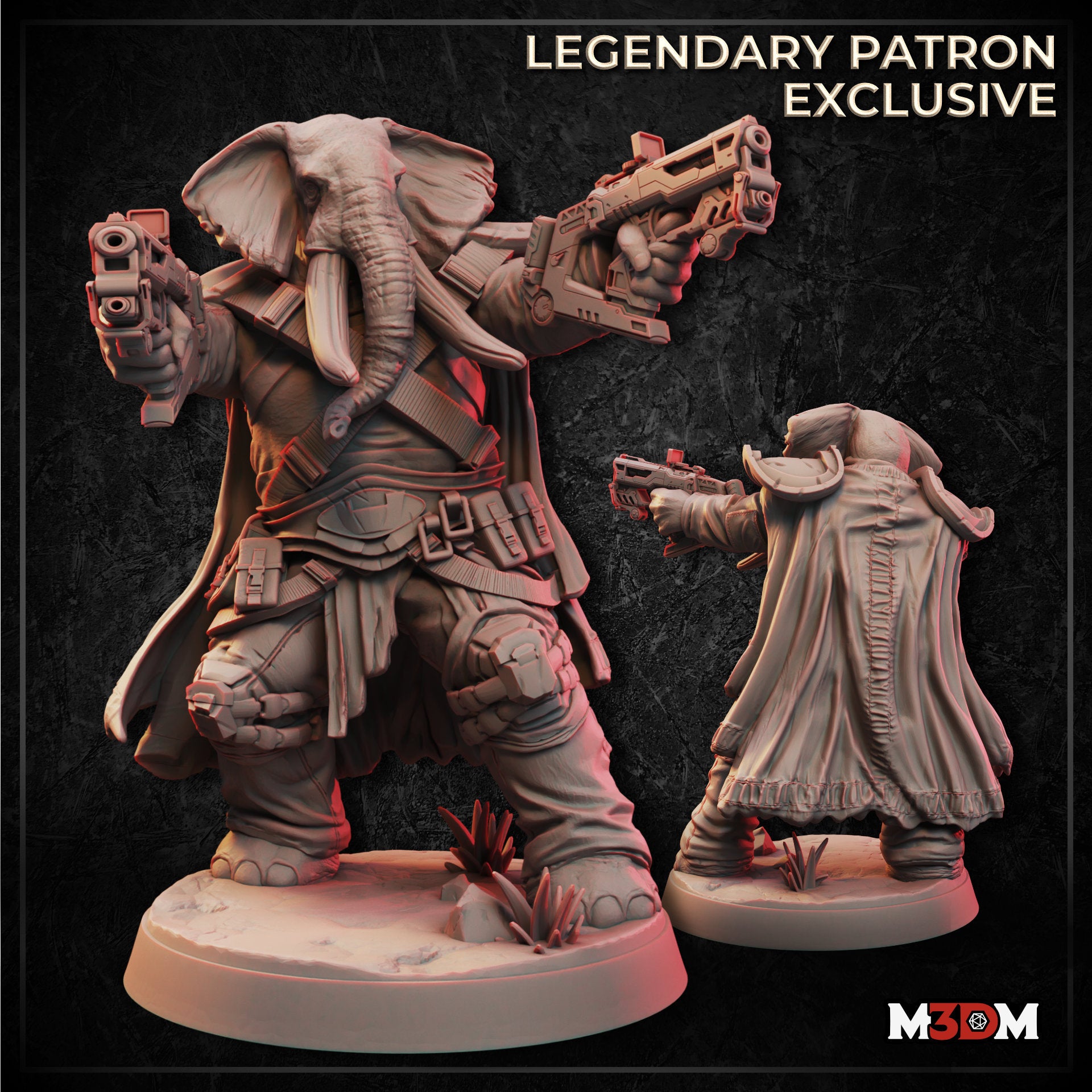 Digital render of a sci-fi elephantfolk miniature dual-wielding futuristic pistols — a large tusked figure in a tactical duster coat with ammunition pouches and utility belts, shown alongside a rear-view smaller scale reference, on a scenic desert base with rocky scrub. Marked as a Legendary Patron Exclusive by M3DM.