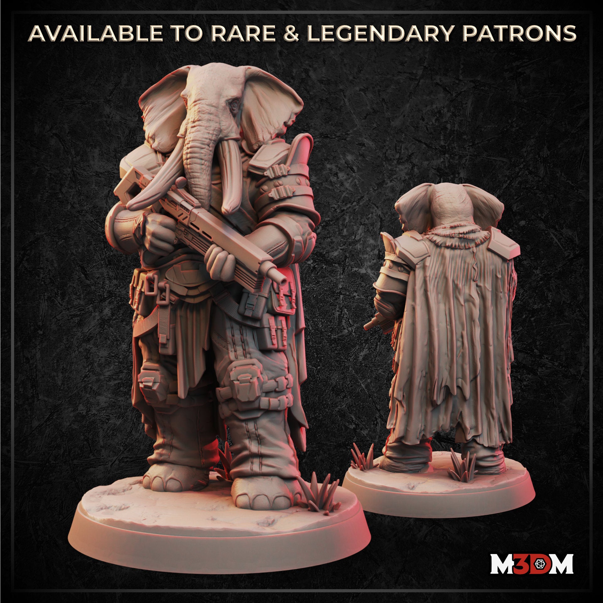 Digital render of an unpainted sci-fi loxodon miniature in heavy tactical armour holding a rifle across the chest, with a second rear-view showing a tattered cloak, both on textured round bases — from M3DM