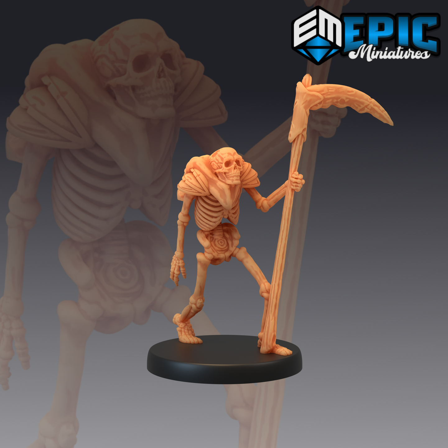 Hunched skeletal figure gripping a tall bone scythe with both hands, exposed ribcage with spiral markings, one leg stepped forward, by Epic Miniatures.