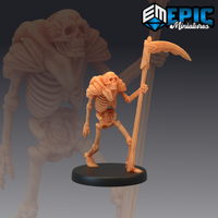 Hunched skeletal figure gripping a tall bone scythe with both hands, exposed ribcage with spiral markings, one leg stepped forward, by Epic Miniatures.