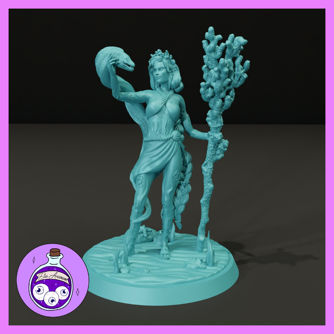 Teal resin digital render of a female sea elf druid miniature at 32mm scale. She stands confidently on a sandy coastal base, raising a coiled serpent in her right hand and holding a tall textured coral staff in her left. Her hair is crowned with a sea-flora wreath and serpentine coils wind around her legs. She wears minimal draped clothing tied with a rope belt. The Ella's Arcanum Minis logo is visible in the lower left corner.