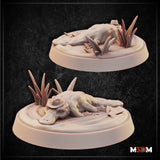 Two digital render views of the Secret Agent Platypus miniature — one from above showing the wide-brimmed hat and paddle tail amid marsh grass, one from the front showing the duck-billed snout, heavy-lidded eyes, and splayed claws on a textured oval riverside base. Unpainted resin finish.