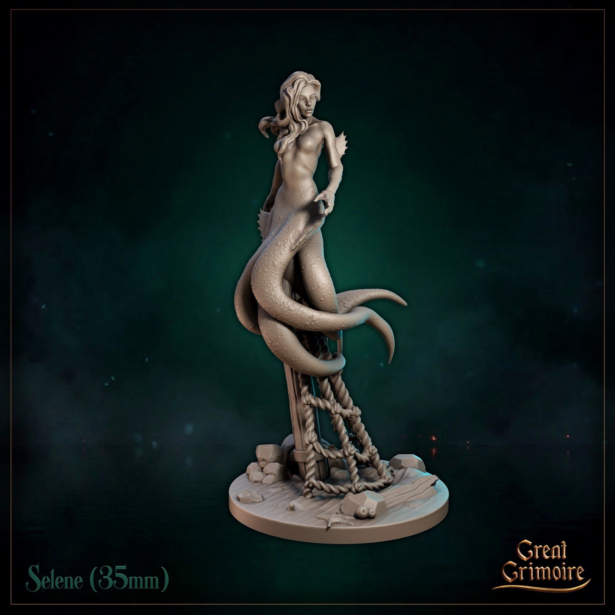 Merfolk miniature with long flowing hair coiled around a ship's mooring post, scaled tail looping through thick rope, scattered rocks and sea debris on the base. Sculpt by Great Grimoire.