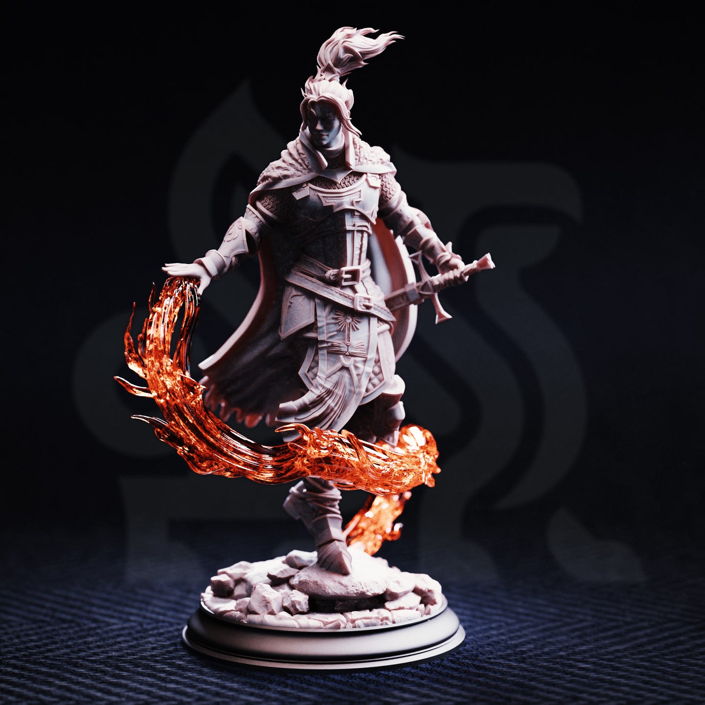 Unpainted grey resin miniature of Selrina photographed from the front against a dark background — detailed layered plate armour with engraved breastplate, cloak swept back, short sword in right hand, and sculpted translucent orange flame effects swirling around her feet