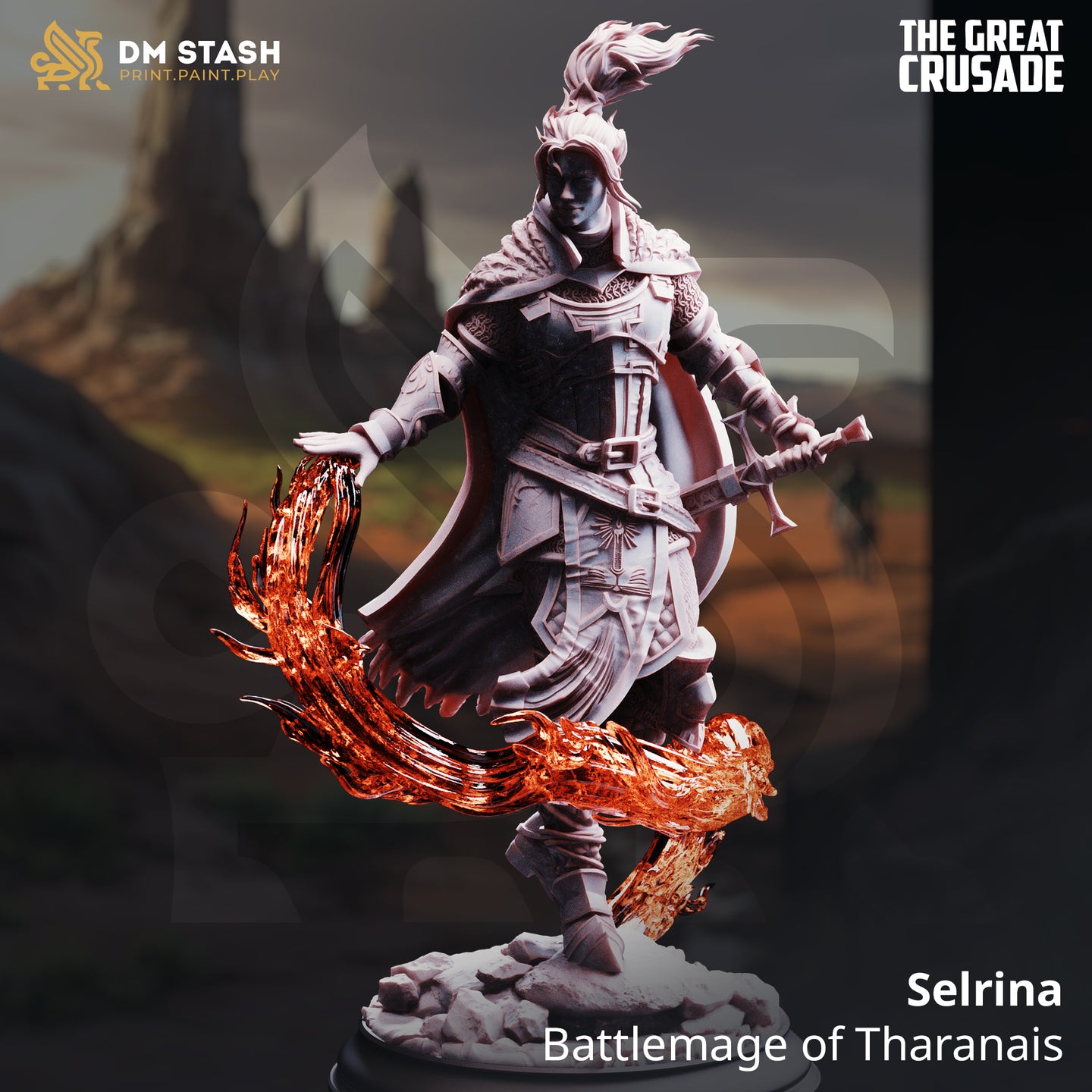 Unpainted grey resin miniature of Selrina, Battlemage of Tharanais, shown as a digital render — female armoured spellblade striding forward with a sword in her right hand and flames pouring from her left, hair and cloak windswept, mounted on a sculpted fire base
