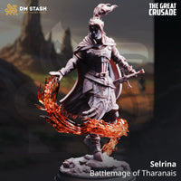 Unpainted grey resin miniature of Selrina, Battlemage of Tharanais, shown as a digital render — female armoured spellblade striding forward with a sword in her right hand and flames pouring from her left, hair and cloak windswept, mounted on a sculpted fire base