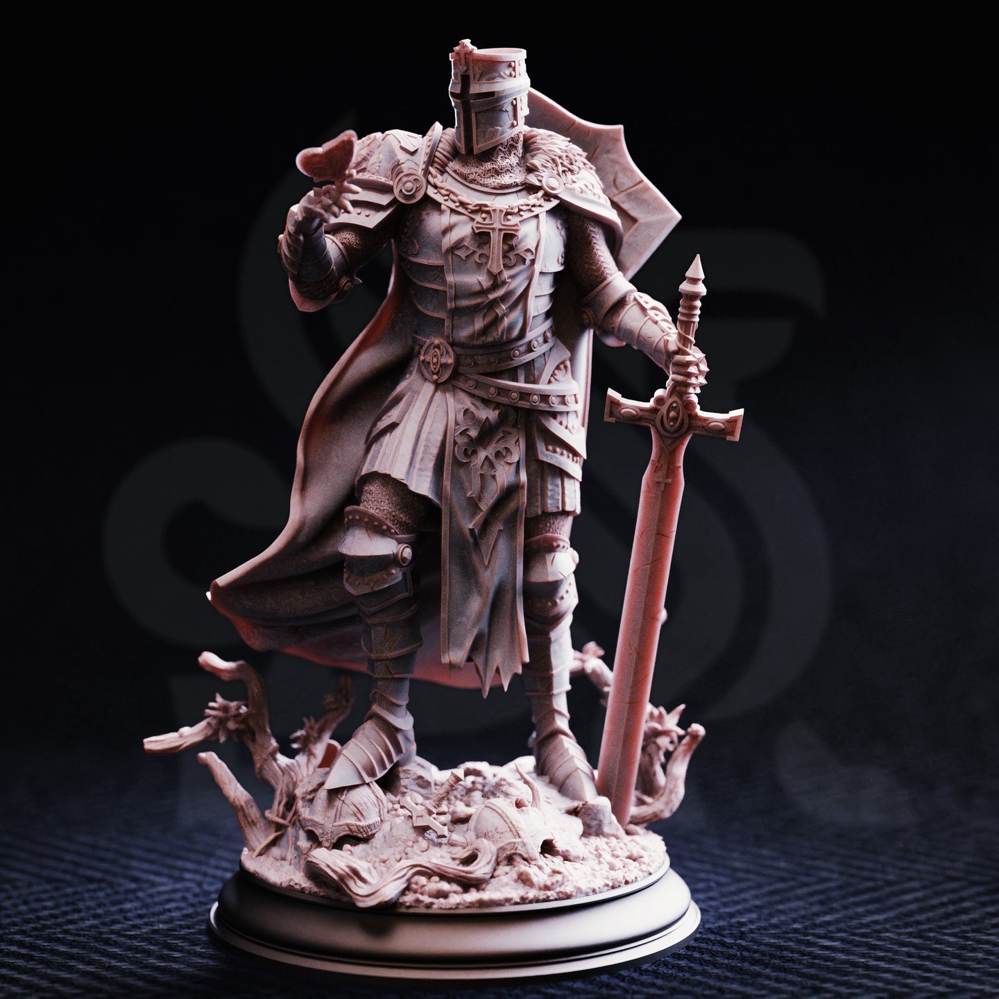 Photograph of printed unpainted grey resin Ser Ludwig miniature — front view showing ornate crusader breastplate with cross motif, flowing cloak, greatsword planted in rubble base with tangled roots, in 32mm scale