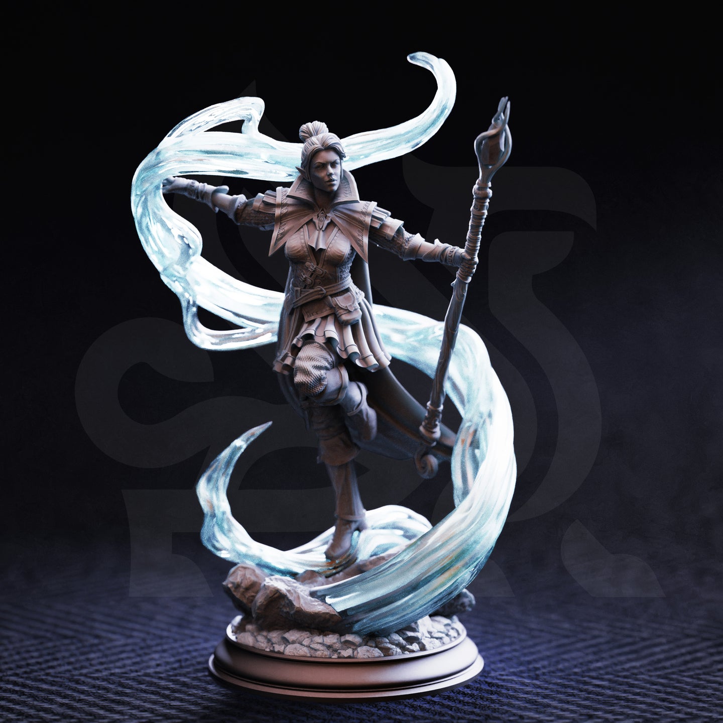 Unpainted grey resin photograph of Sergeant Molly Cliffburn miniature on a round display base against a dark background, showing the full sculpt with translucent swirling force magic effects, raised knee dynamic pose, detailed armour engraving, and arcane staff